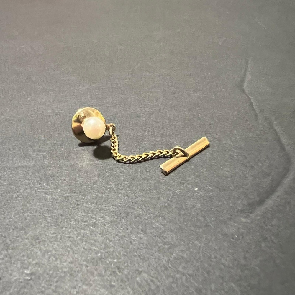 Vintage Gold Tone Tie Tack Chain Formal Accessory Mounted‎ pearl refined
